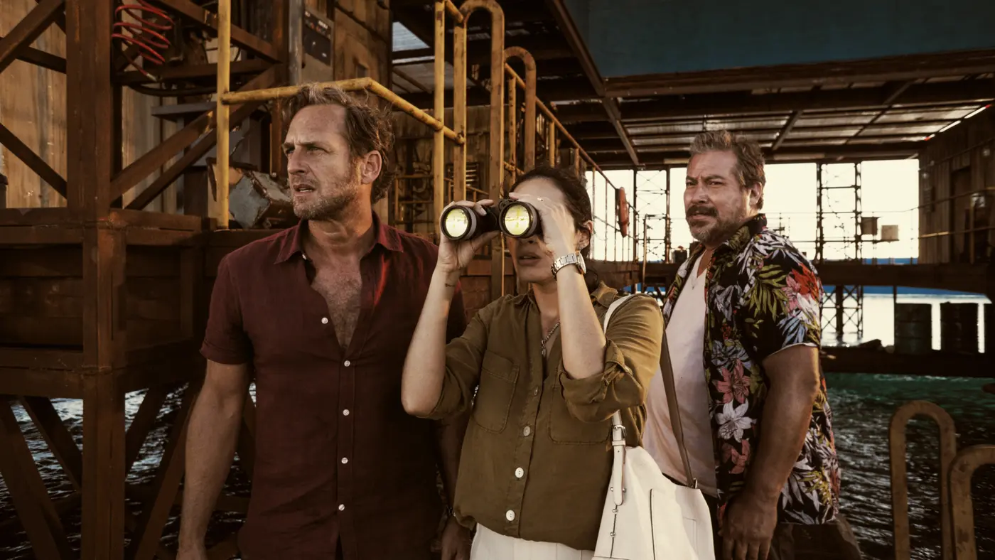 Paul Ines and Chato watch the ocean for the megalodon in The Black Demon 2023